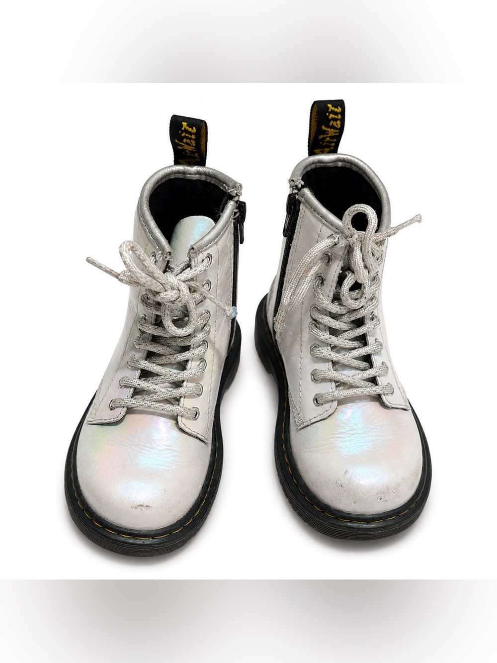 Dr. Martens Kids Size 12 White Iridescent Lace Up Combat Boots Side Zip high top
